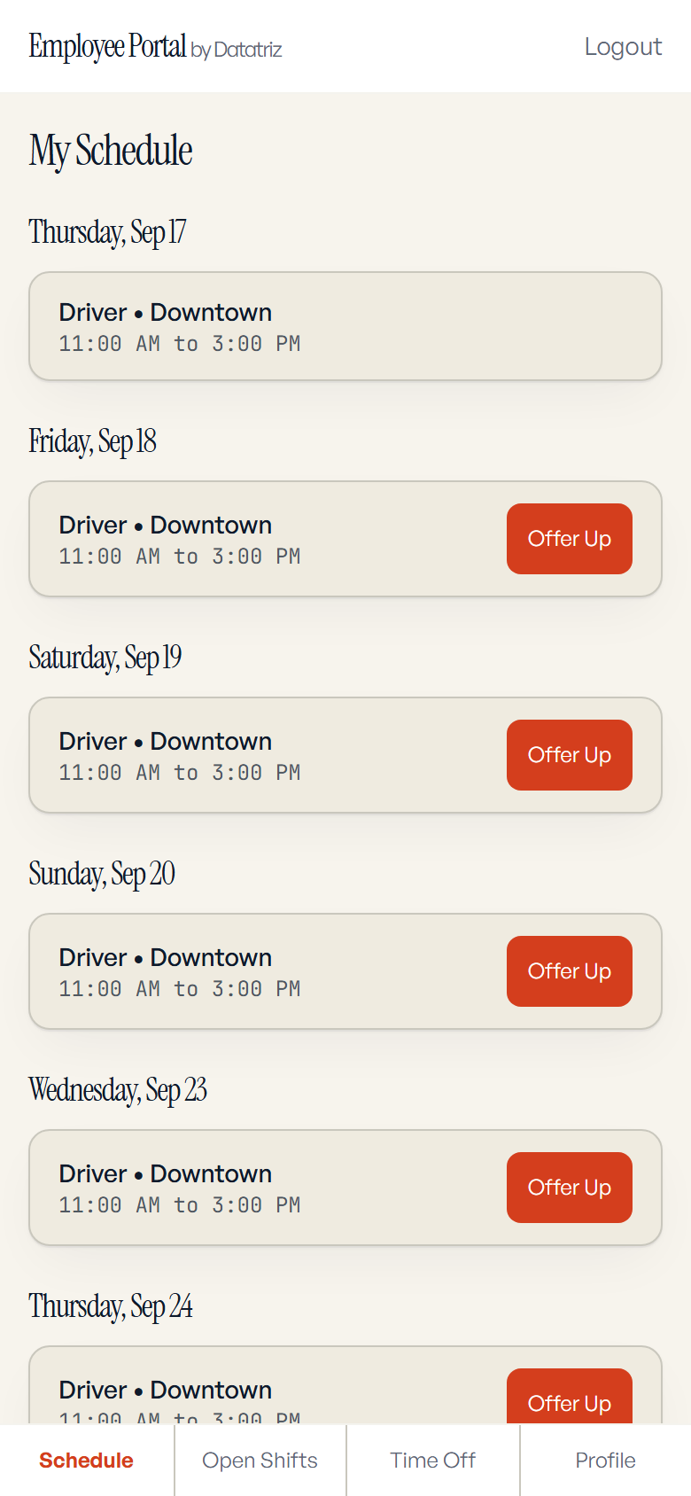 An employee's My Schedule page on a phone, with their shifts for the week